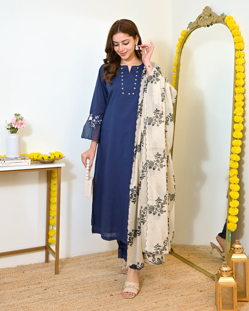 Ivory Blue Flora Mul Chanderi A Line Suit