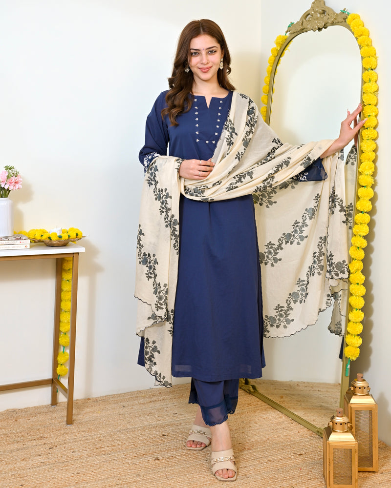 Ivory Blue Flora Mul Chanderi A Line Suit
