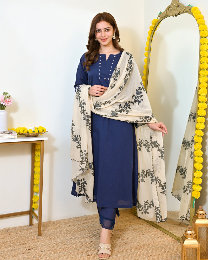 Ivory Blue Flora Mul Chanderi A Line Suit