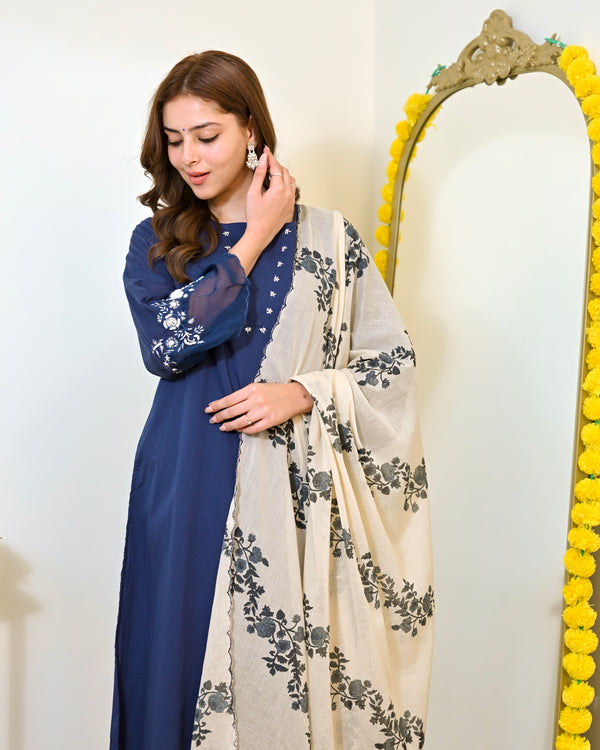 Ivory Blue Flora Mul Chanderi A Line Suit