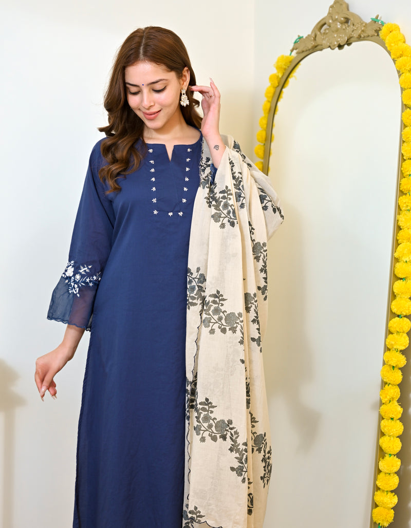 Ivory Blue Flora Mul Chanderi A Line Suit