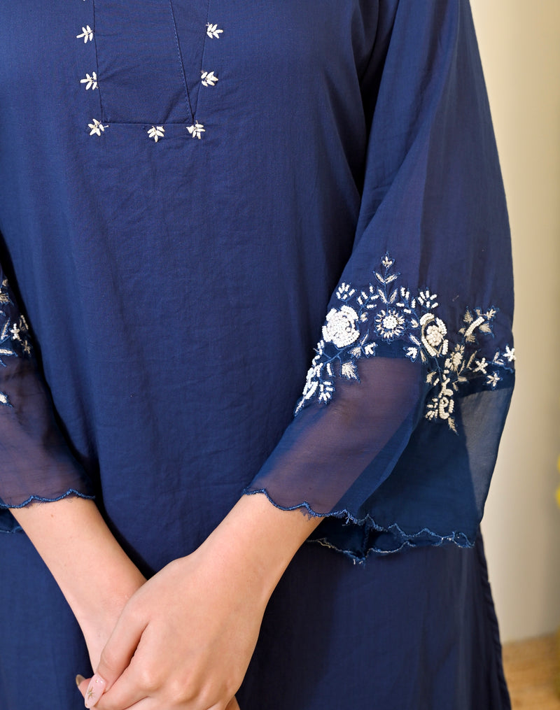 Ivory Blue Flora Mul Chanderi A Line Suit