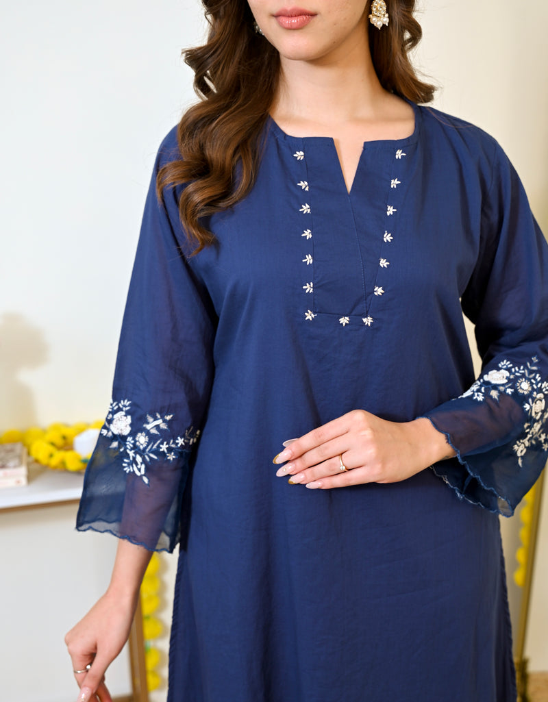 Ivory Blue Flora Mul Chanderi A Line Suit