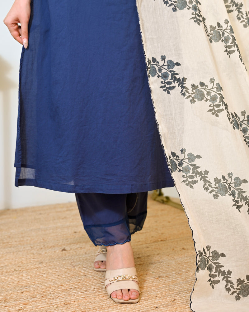 Ivory Blue Flora Mul Chanderi A Line Suit
