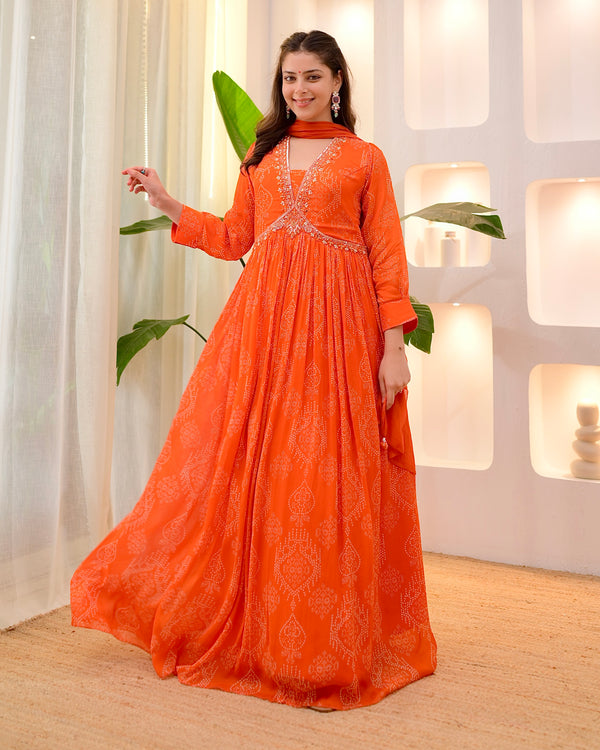 Rust Orange Handwork Chinnon Flared Anarkali Suit