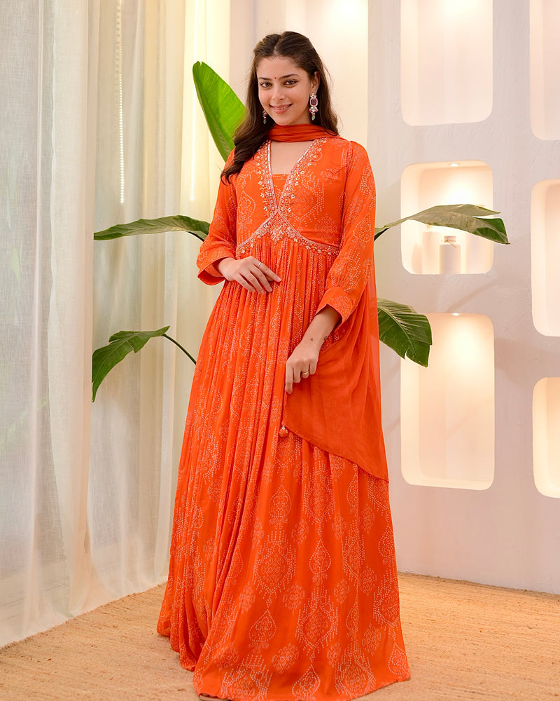 Rust Orange Handwork Chinnon Flared Anarkali Suit