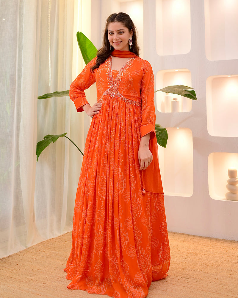 Rust Orange Handwork Chinnon Flared Anarkali Suit