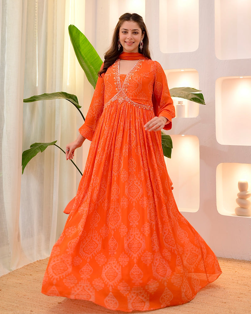 Rust Orange Handwork Chinnon Flared Anarkali Suit