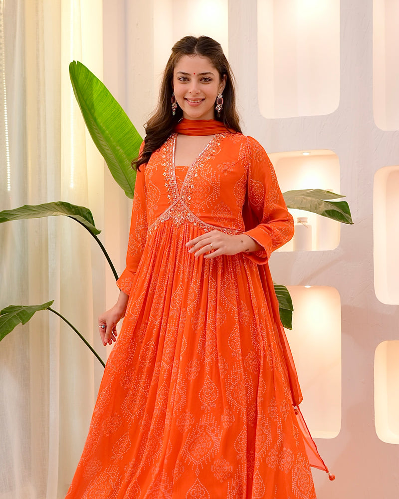 Rust Orange Handwork Chinnon Flared Anarkali Suit