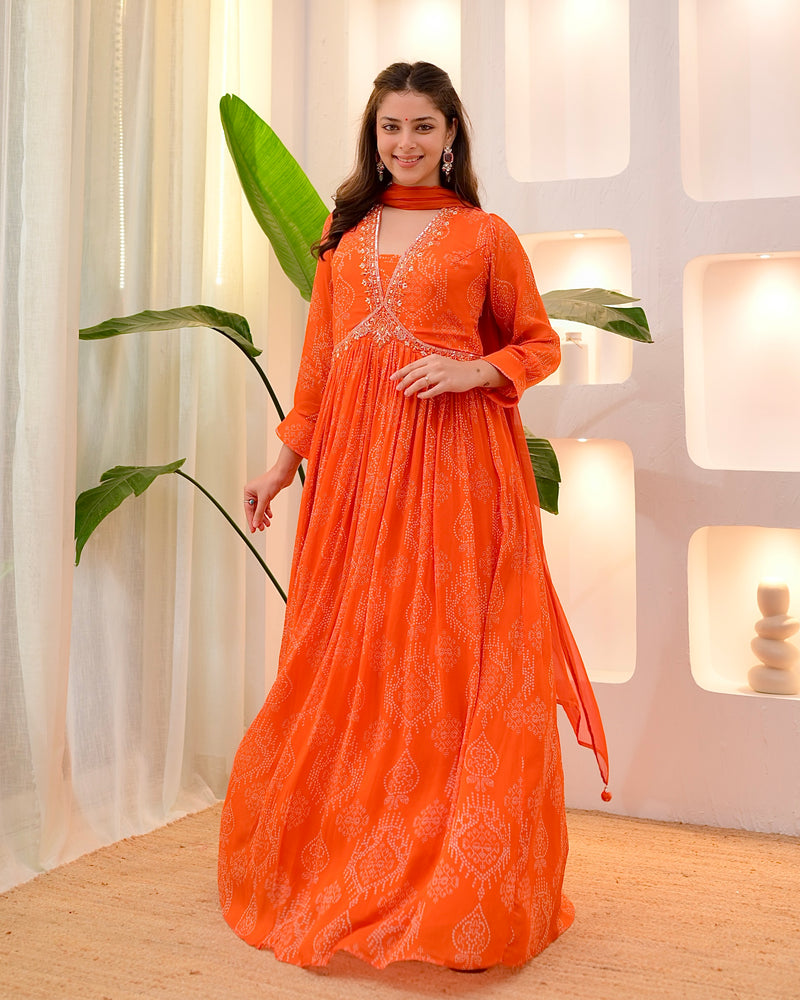 Rust Orange Handwork Chinnon Flared Anarkali Suit