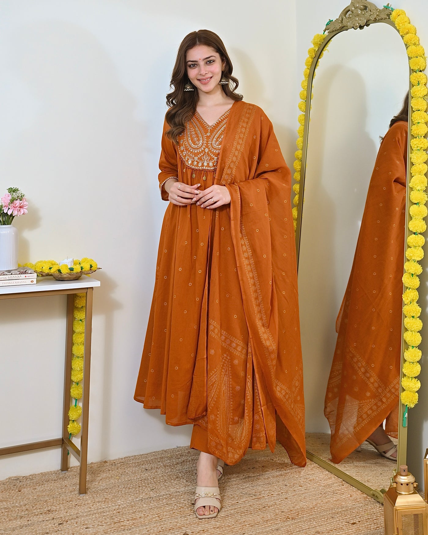 Rust Paisley Handwork A Line Mul Cotton Suit