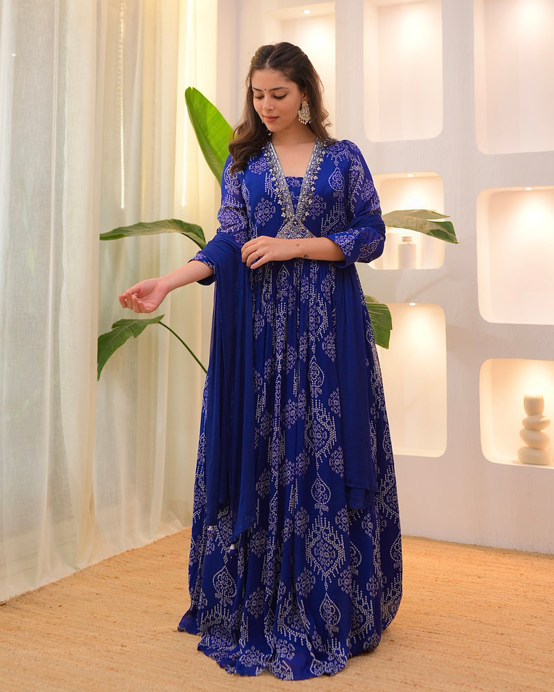 Navy Blue Handwork Chinnon Flared Anarkali Suit