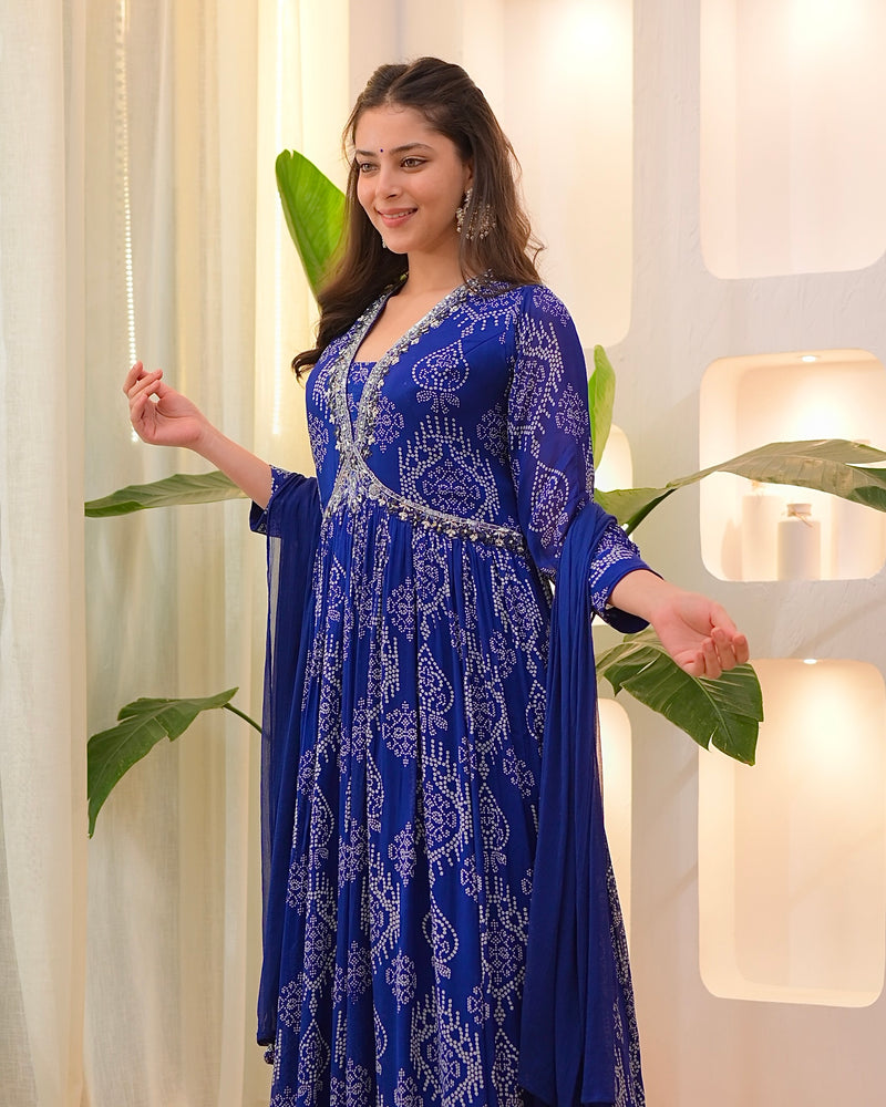 Navy Blue Handwork Chinnon Flared Anarkali Suit