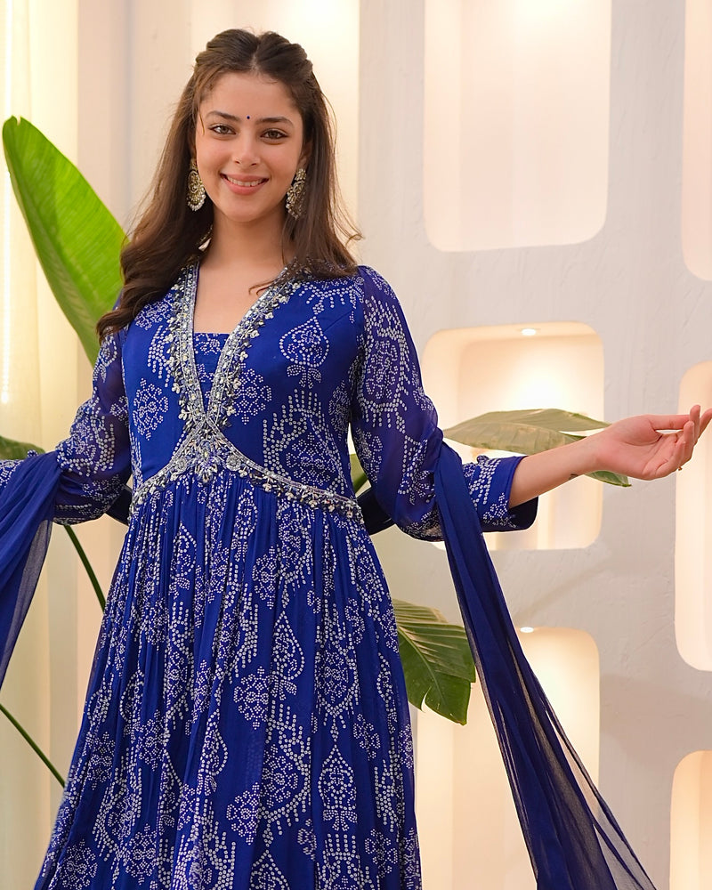 Navy Blue Handwork Chinnon Flared Anarkali Suit