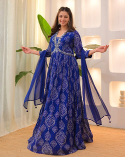 Navy Blue Handwork Chinnon Flared Anarkali Suit