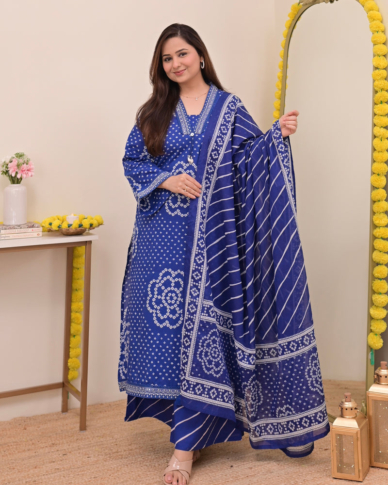 Royal Blue Bandhej Cotton A Line Suit Set
