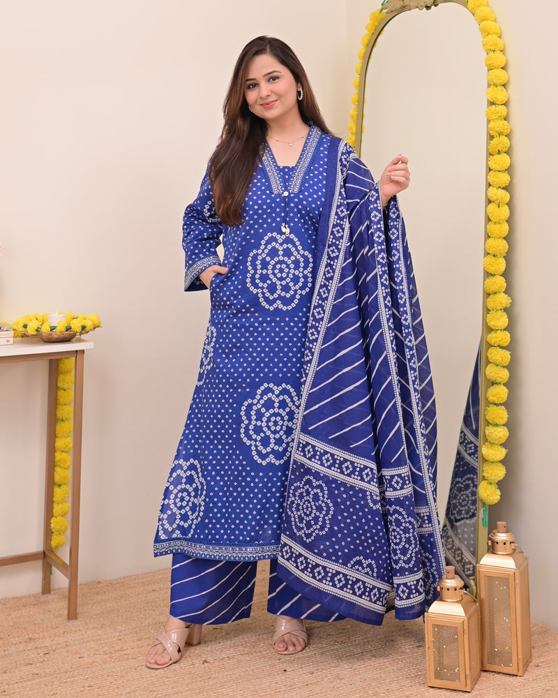Royal Blue Bandhej Cotton A Line Suit Set
