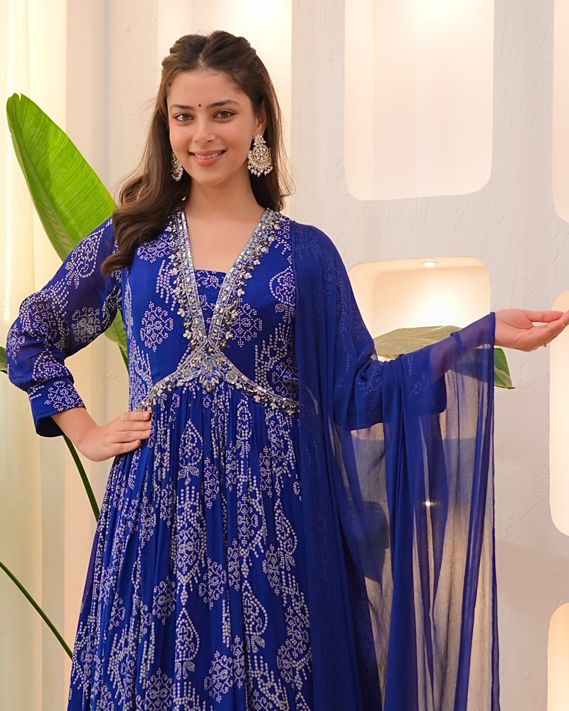 Navy Blue Handwork Chinnon Flared Anarkali Suit