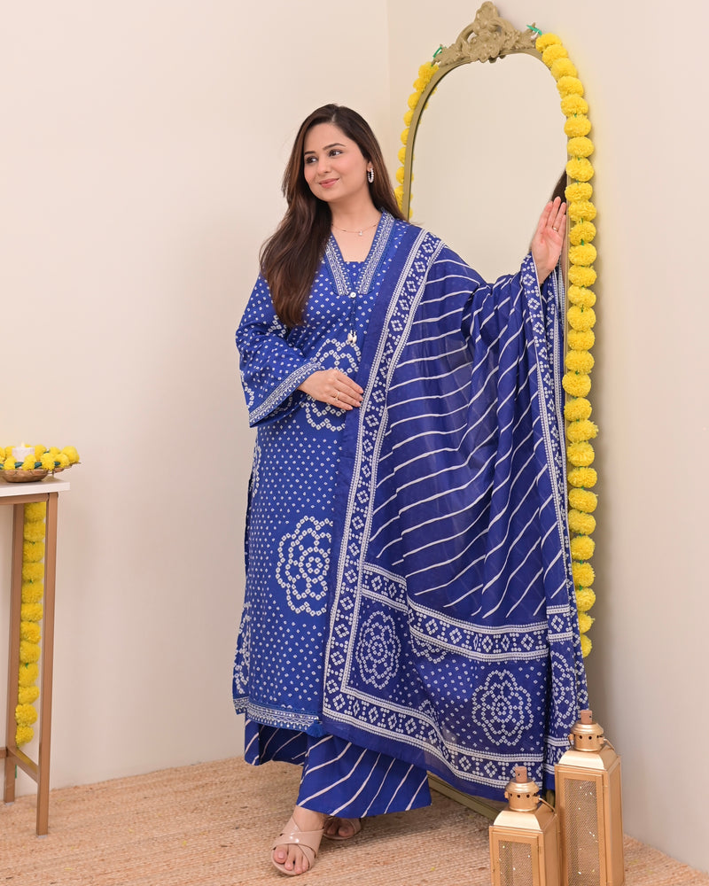 Royal Blue Bandhej Cotton A Line Suit Set