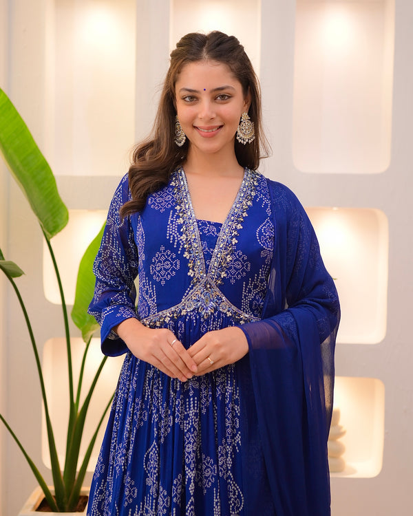 Navy Blue Handwork Chinnon Flared Anarkali Suit