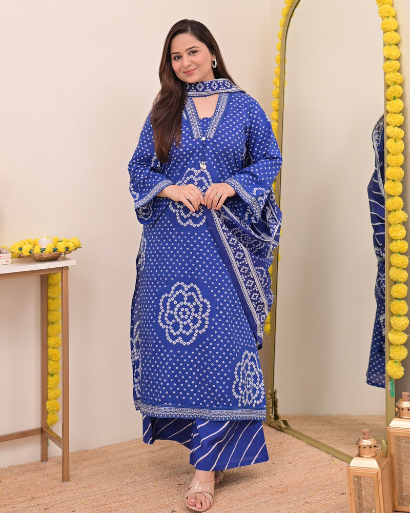 Royal Blue Bandhej Cotton A Line Suit Set