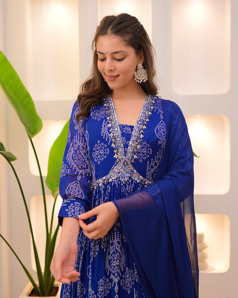 Navy Blue Handwork Chinnon Flared Anarkali Suit