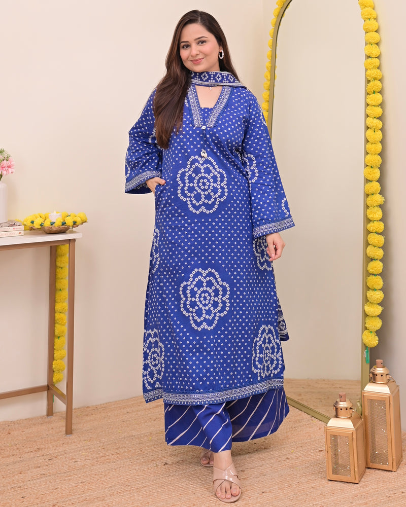 Royal Blue Bandhej Cotton A Line Suit Set
