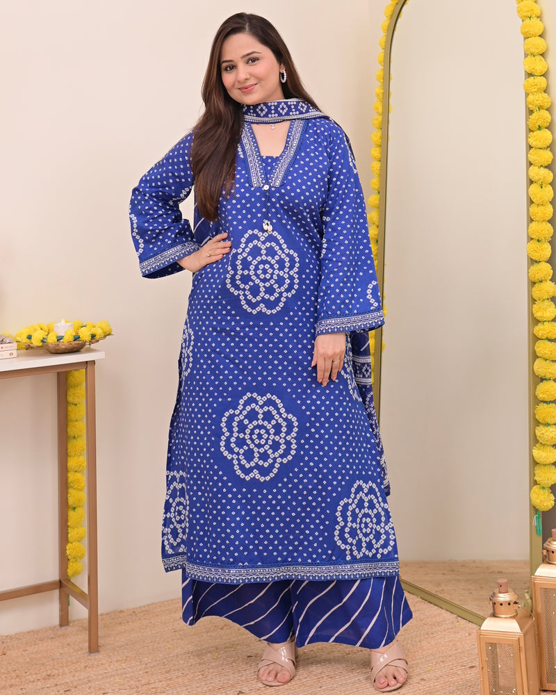 Royal Blue Bandhej Cotton A Line Suit Set