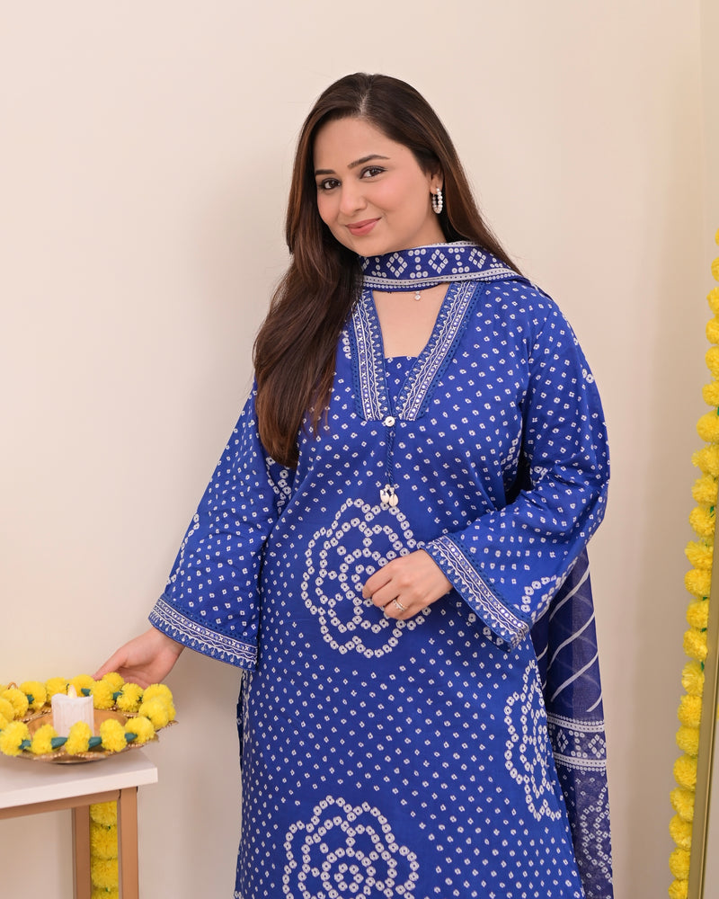 Royal Blue Bandhej Cotton A Line Suit Set