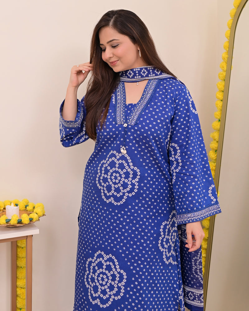 Royal Blue Bandhej Cotton A Line Suit Set