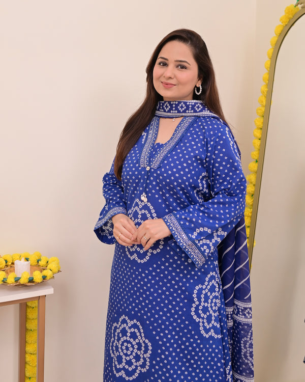 Royal Blue Bandhej Cotton A Line Suit Set