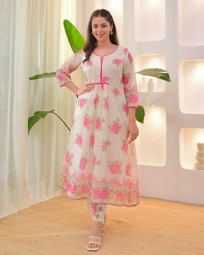 Ivory Pink Rose Mul Cotton A Line Kurta Set