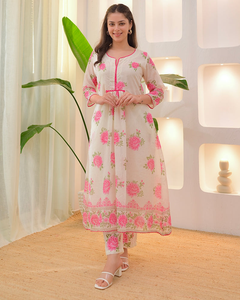 Ivory Pink Rose Mul Cotton A Line Kurta Set