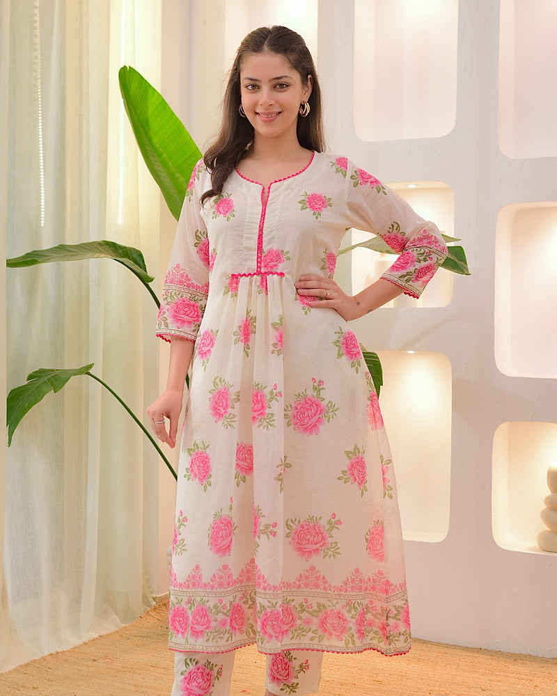 Ivory Pink Rose Mul Cotton A Line Kurta Set