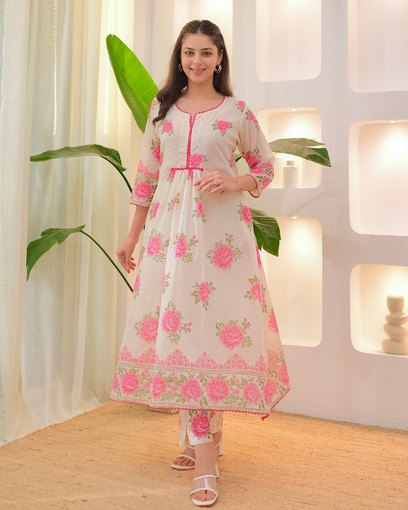 Ivory Pink Rose Mul Cotton A Line Kurta Set