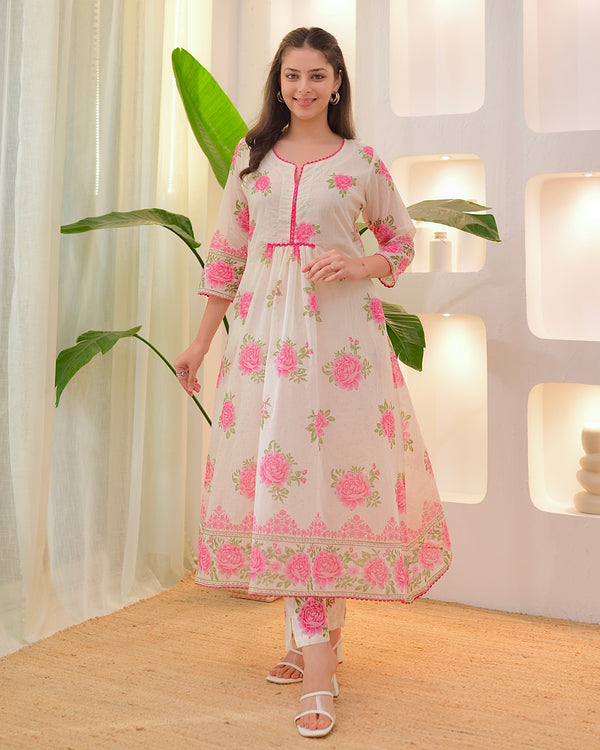 Ivory Pink Rose Mul Cotton A Line Kurta Set