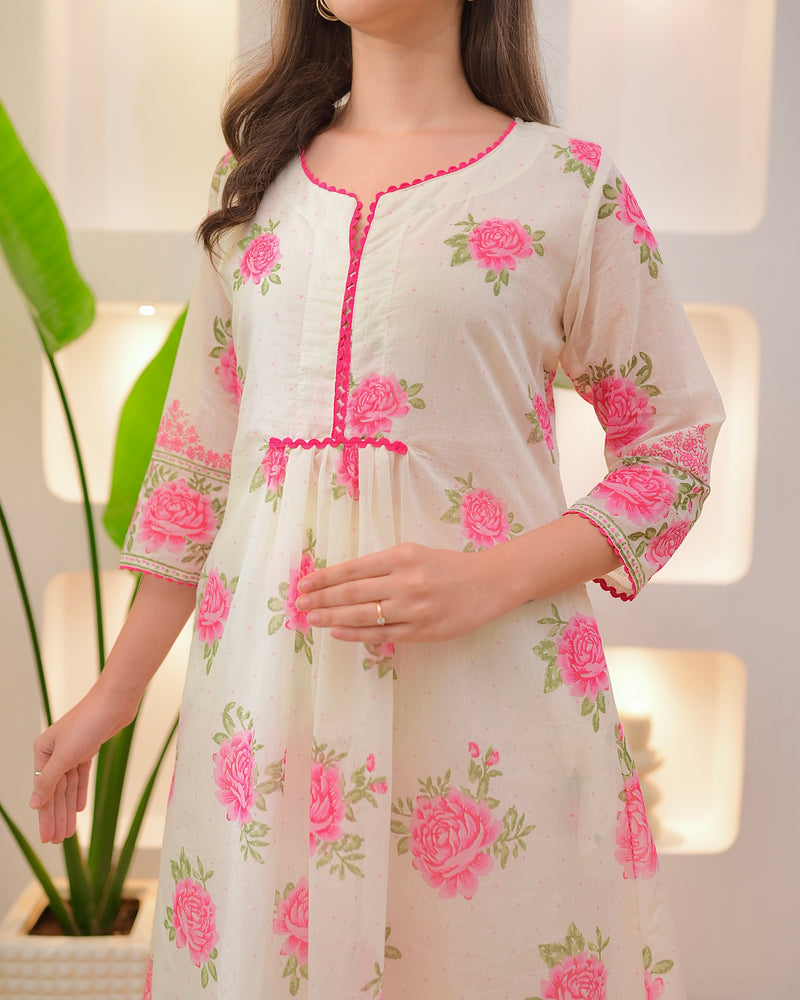 Ivory Pink Rose Mul Cotton A Line Kurta Set