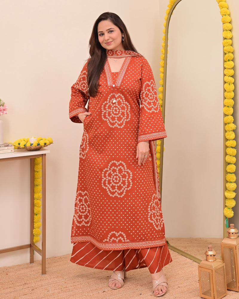 Rust Bandhej Cotton A Line Suit Set