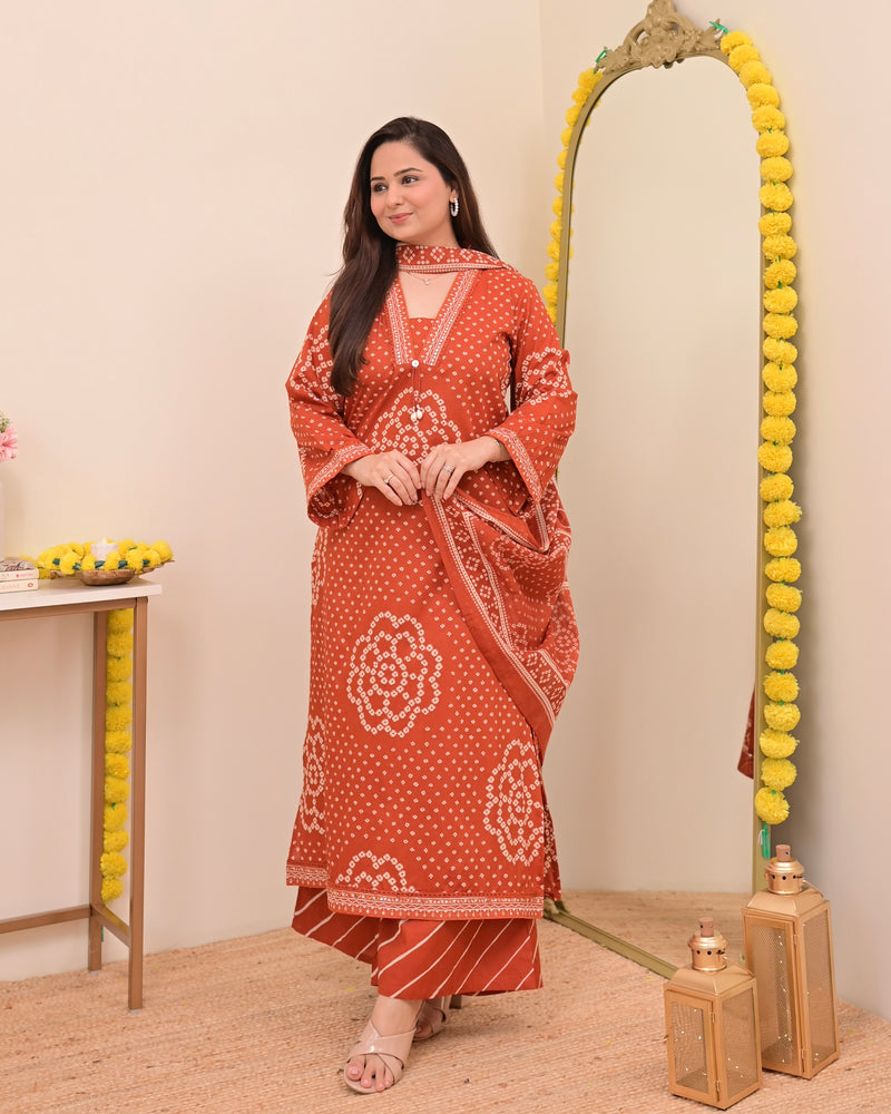 Rust Bandhej Cotton A Line Suit Set