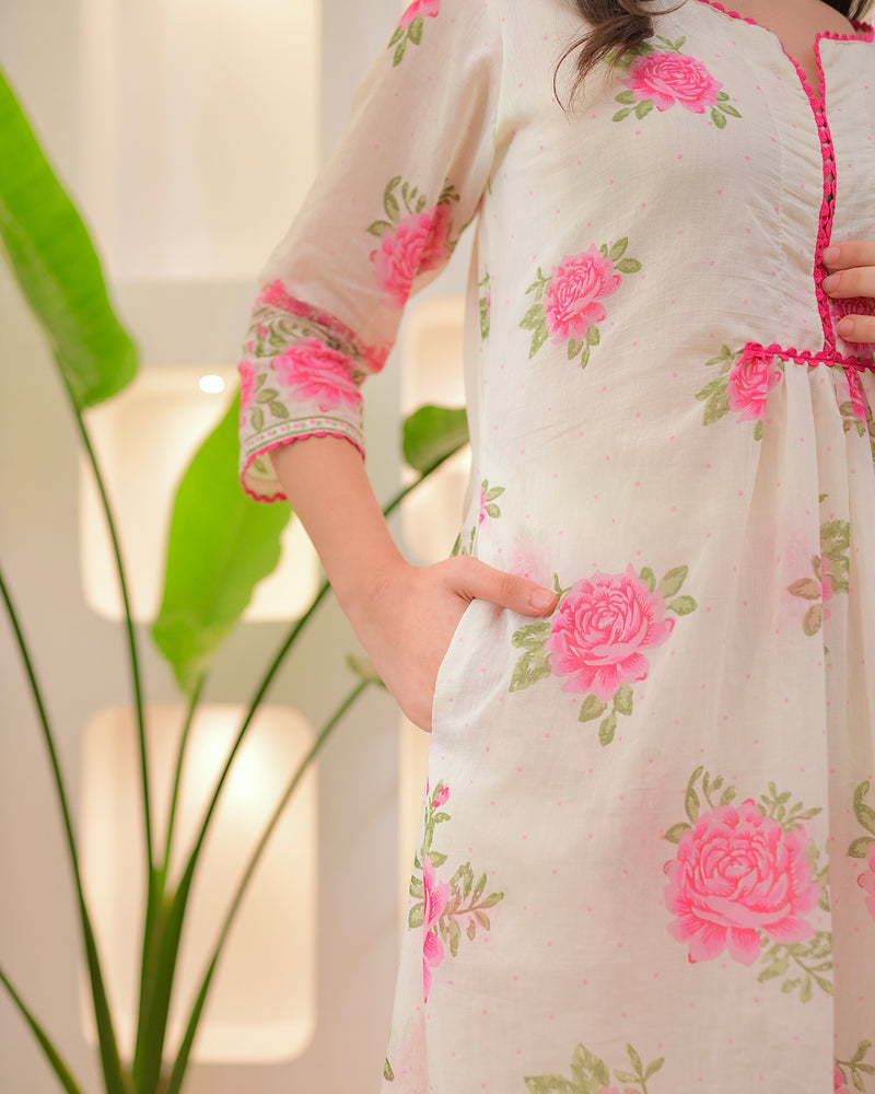 Ivory Pink Rose Mul Cotton A Line Kurta Set