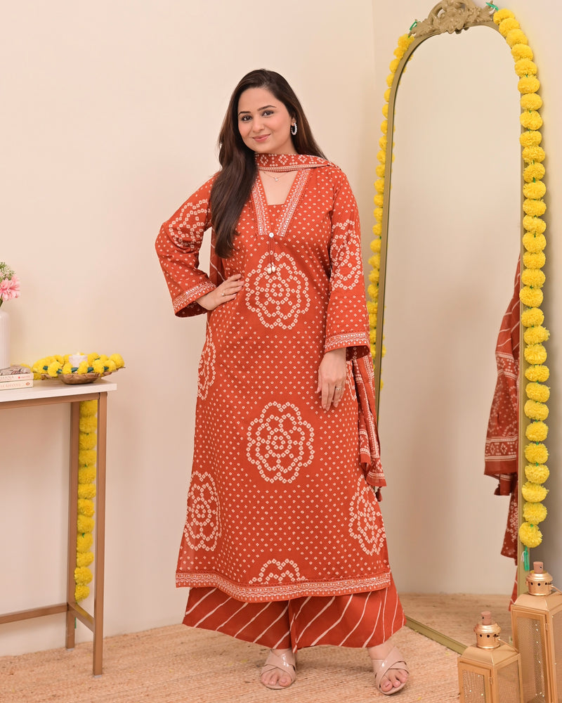 Rust Bandhej Cotton A Line Suit Set