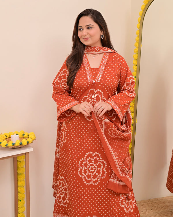 Rust Bandhej Cotton A Line Suit Set