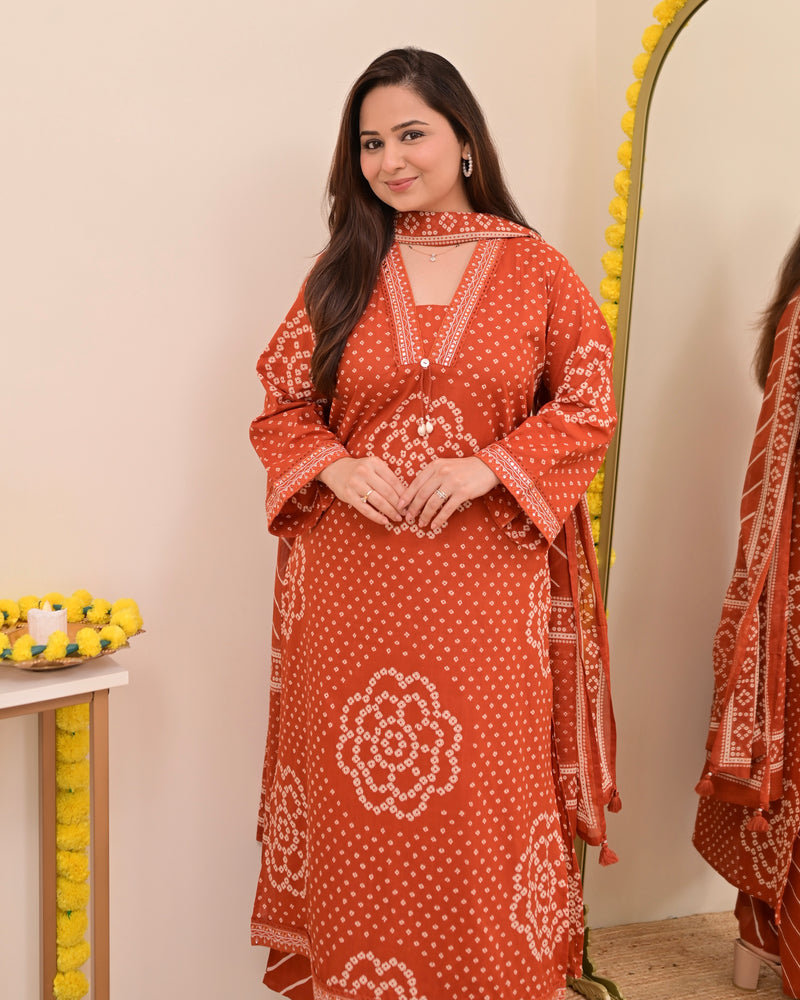 Rust Bandhej Cotton A Line Suit Set