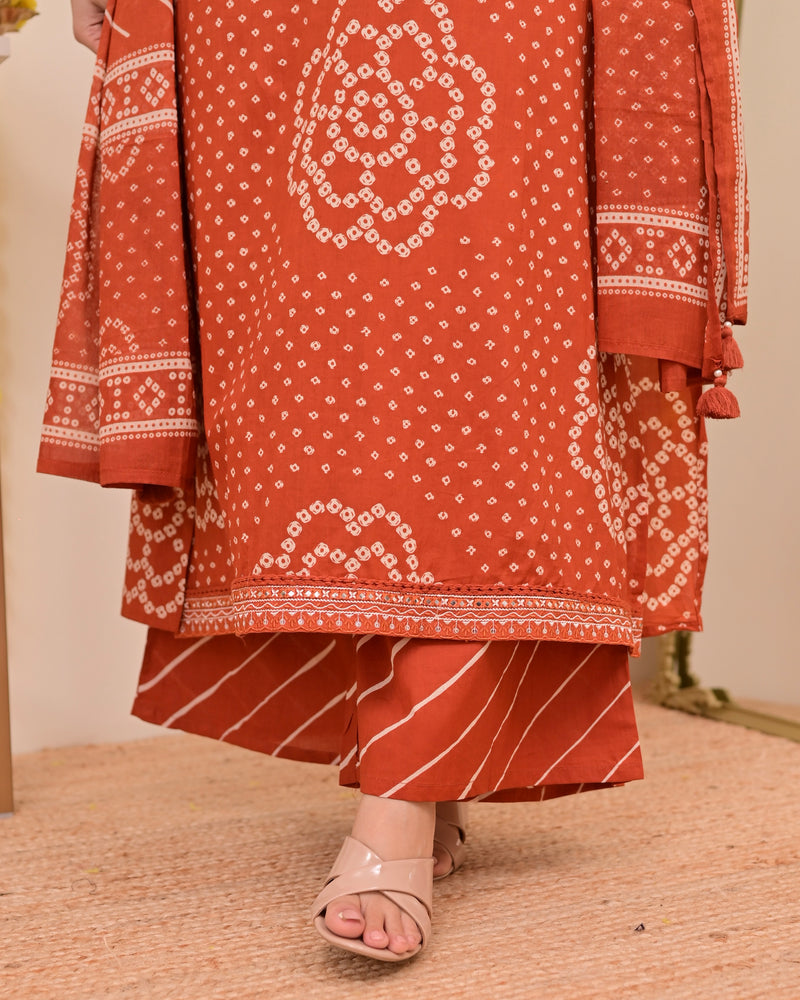 Rust Bandhej Cotton A Line Suit Set