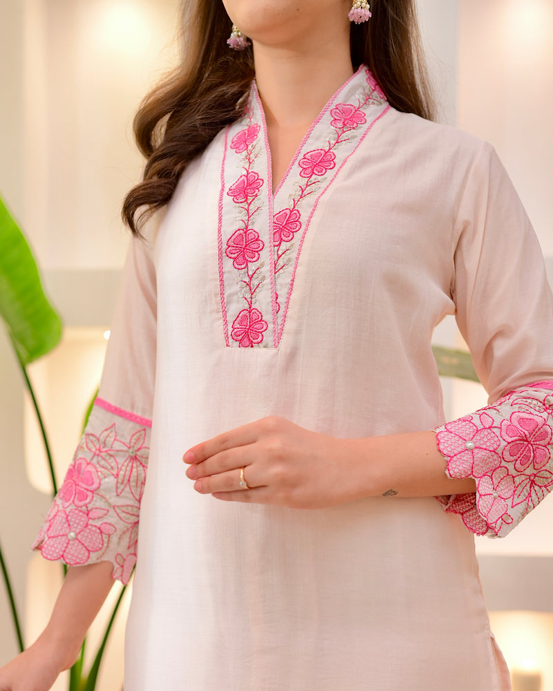 Blush Pink Floral Threadwork Mul Chanderi Suit