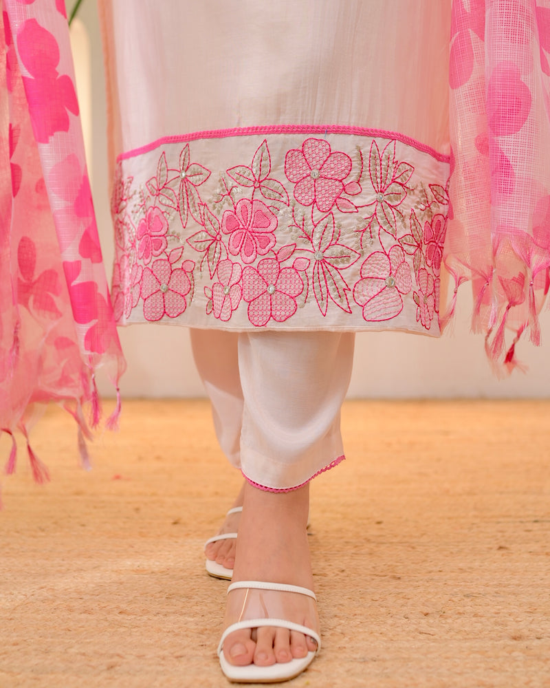 Blush Pink Floral Threadwork Mul Chanderi Suit