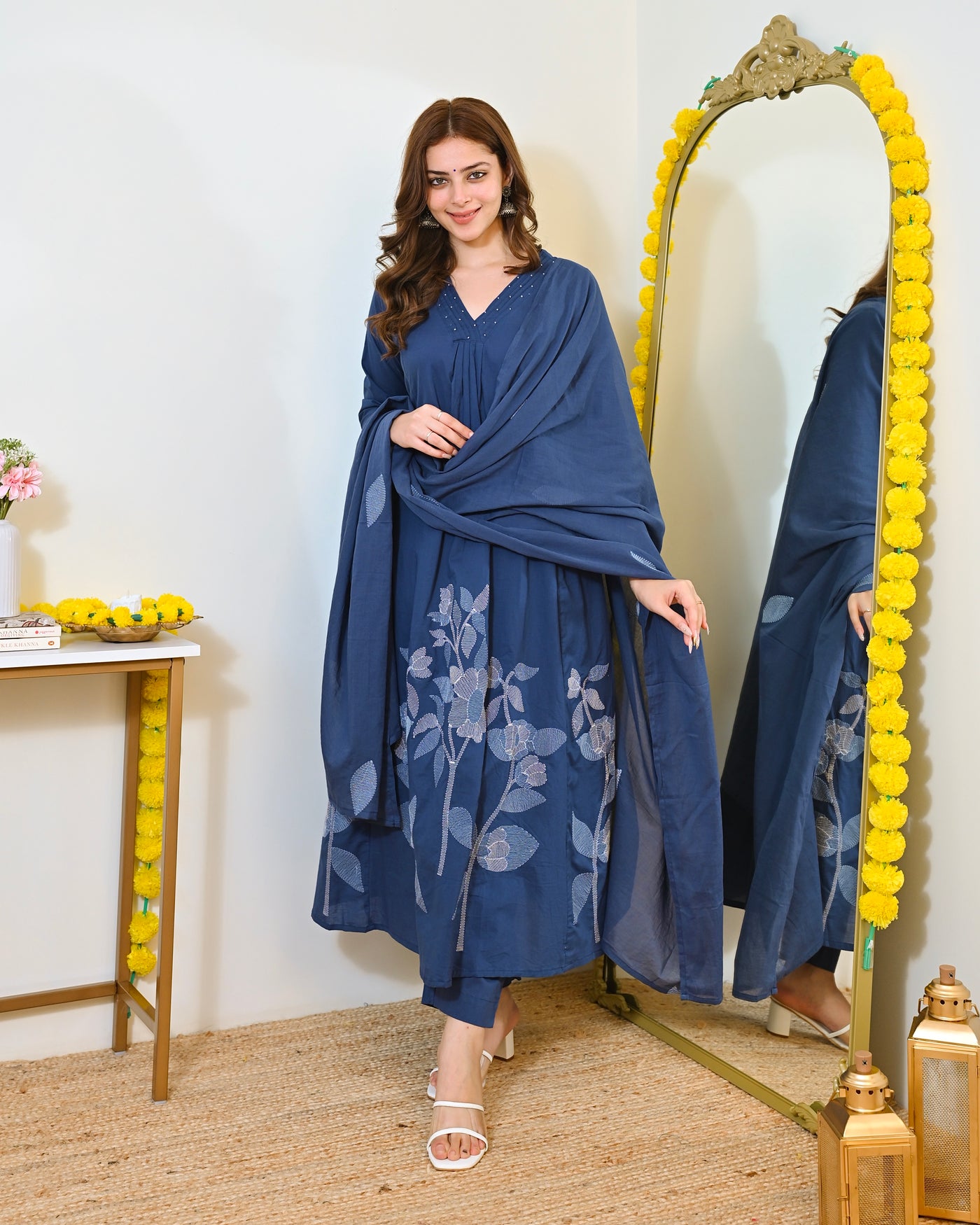 Blue Mul Cotton Pintex Threadwork A Line Suit