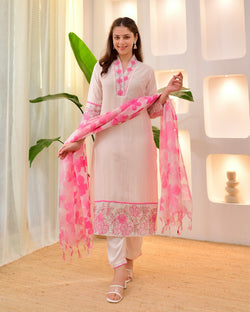 Blush Pink Floral Threadwork Mul Chanderi Suit
