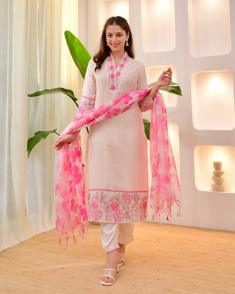 Blush Pink Floral Threadwork Mul Chanderi Suit