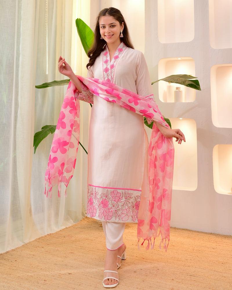 Blush Pink Floral Threadwork Mul Chanderi Suit
